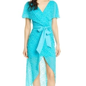 ALICE + OLIVIA Blue Darva Faux Wrap Party Dress